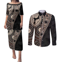 Fiji Traditional Masi Couples Matching Puletasi and Long Sleeve Button Shirt Tapa Art Palm Leaves Pattern LT03 Brown - Polynesian Pride