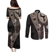 Fiji Traditional Masi Couples Matching Puletasi and Long Sleeve Button Shirt Tapa Art Palm Leaves Pattern LT03 - Polynesian Pride