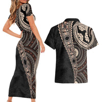 Fiji Traditional Masi Couples Matching Short Sleeve Bodycon Dress and Hawaiian Shirt Tapa Art Palm Leaves Pattern LT03 - Polynesian Pride