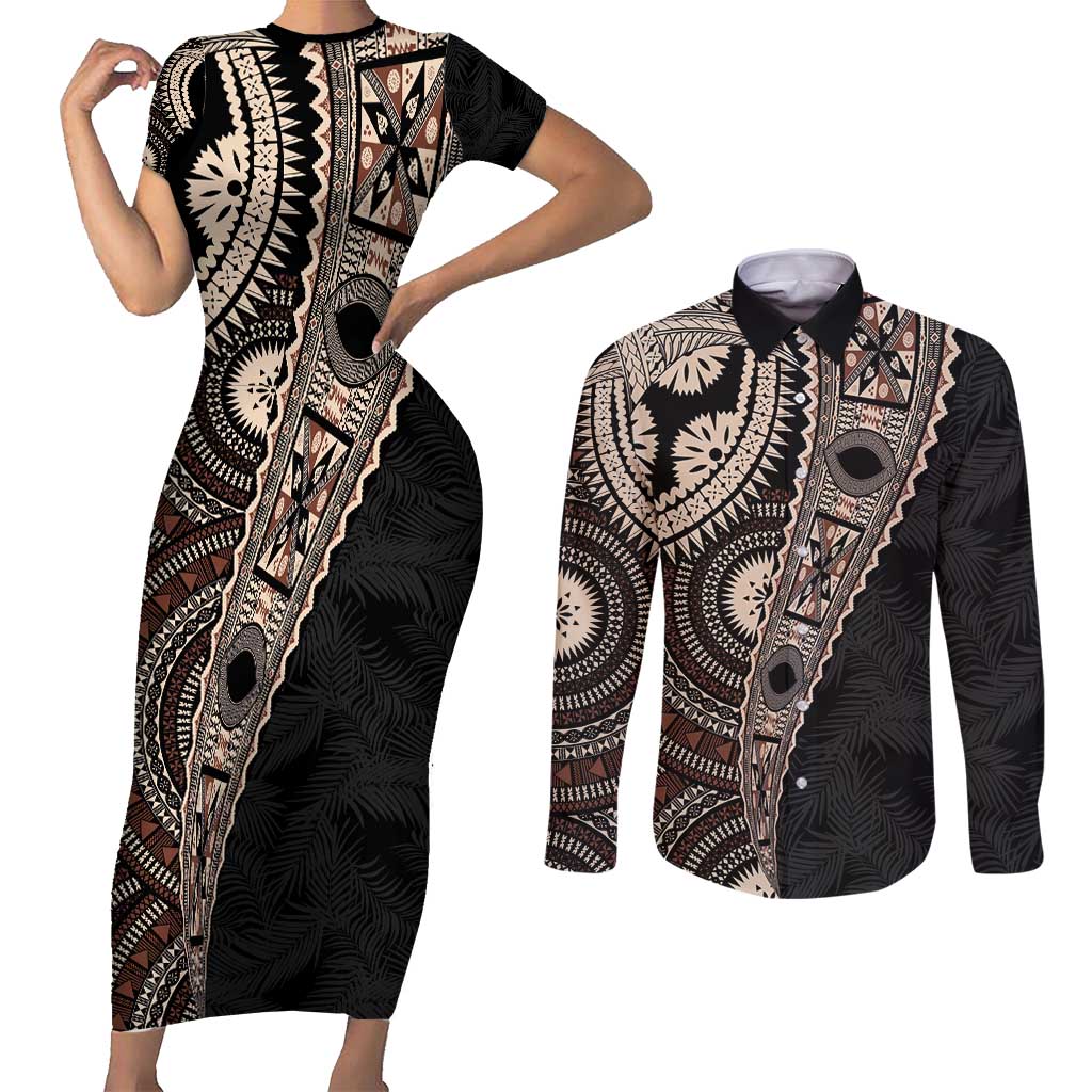 Fiji Traditional Masi Couples Matching Short Sleeve Bodycon Dress and Long Sleeve Button Shirt Tapa Art Palm Leaves Pattern LT03 Brown - Polynesian Pride