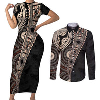 Fiji Traditional Masi Couples Matching Short Sleeve Bodycon Dress and Long Sleeve Button Shirt Tapa Art Palm Leaves Pattern LT03 Brown - Polynesian Pride