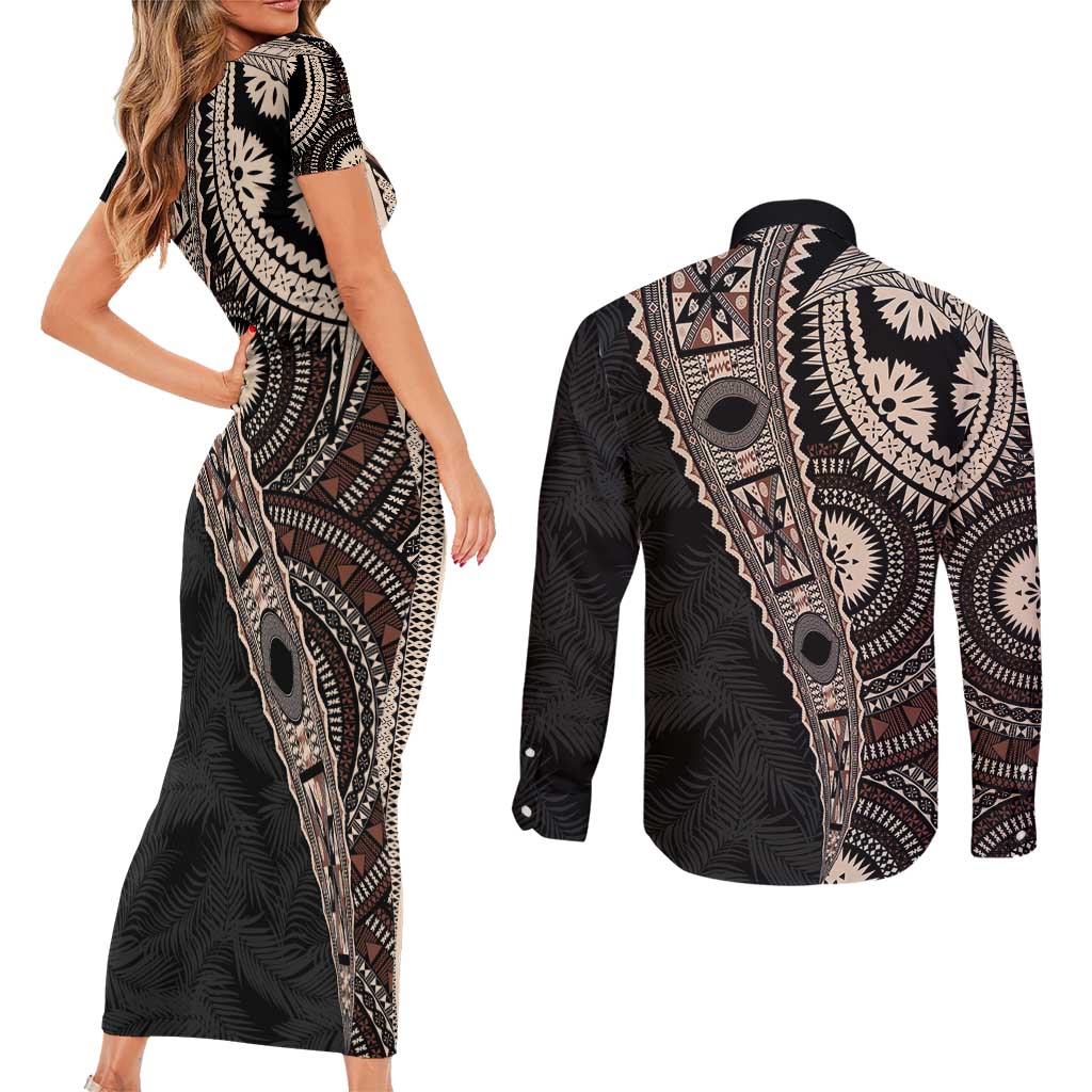 Fiji Traditional Masi Couples Matching Short Sleeve Bodycon Dress and Long Sleeve Button Shirt Tapa Art Palm Leaves Pattern LT03 - Polynesian Pride