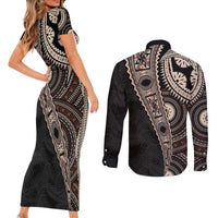 Fiji Traditional Masi Couples Matching Short Sleeve Bodycon Dress and Long Sleeve Button Shirt Tapa Art Palm Leaves Pattern LT03 - Polynesian Pride