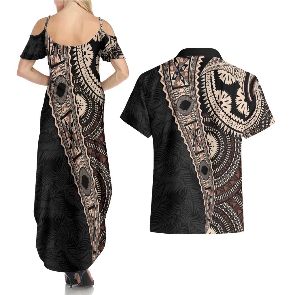 Fiji Traditional Masi Couples Matching Summer Maxi Dress and Hawaiian Shirt Tapa Art Palm Leaves Pattern LT03 - Polynesian Pride