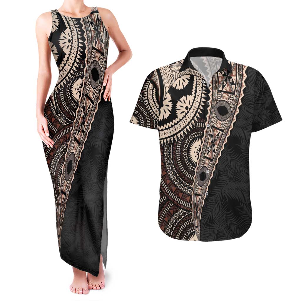Fiji Traditional Masi Couples Matching Tank Maxi Dress and Hawaiian Shirt Tapa Art Palm Leaves Pattern LT03 Brown - Polynesian Pride