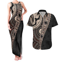 Fiji Traditional Masi Couples Matching Tank Maxi Dress and Hawaiian Shirt Tapa Art Palm Leaves Pattern LT03 Brown - Polynesian Pride