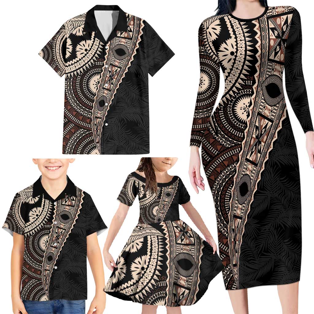 Fiji Traditional Masi Family Matching Long Sleeve Bodycon Dress and Hawaiian Shirt Tapa Art Palm Leaves Pattern LT03 - Polynesian Pride