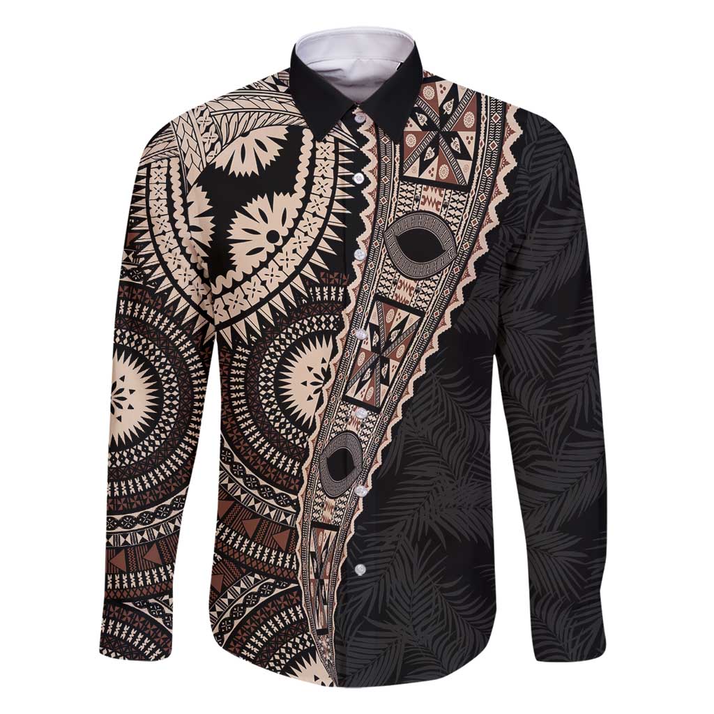 Fiji Traditional Masi Family Matching Long Sleeve Bodycon Dress and Hawaiian Shirt Tapa Art Palm Leaves Pattern LT03 Dad's Shirt - Long Sleeve Brown - Polynesian Pride