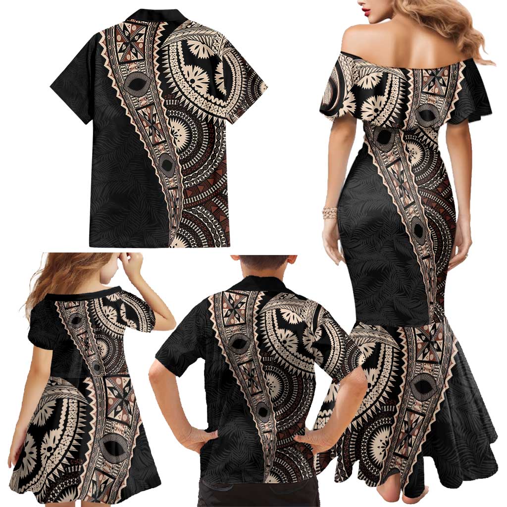 Fiji Traditional Masi Family Matching Mermaid Dress and Hawaiian Shirt Tapa Art Palm Leaves Pattern LT03 - Polynesian Pride
