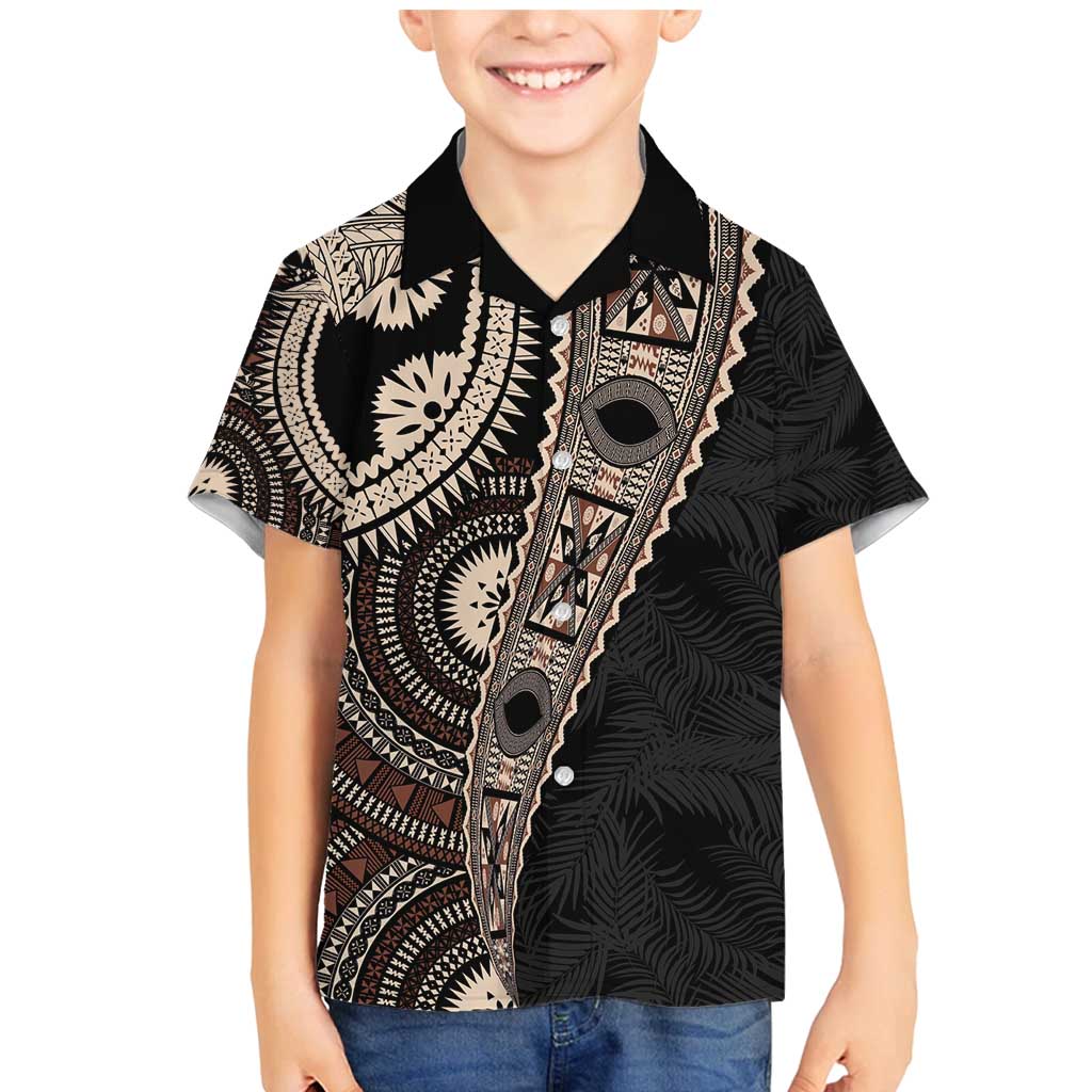 Fiji Traditional Masi Family Matching Mermaid Dress and Hawaiian Shirt Tapa Art Palm Leaves Pattern LT03 Son's Shirt Brown - Polynesian Pride