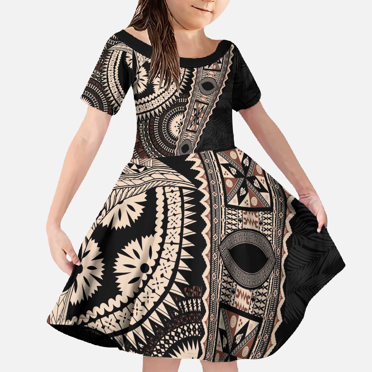 Fiji Traditional Masi Family Matching Off The Shoulder Long Sleeve Dress and Hawaiian Shirt Tapa Art Palm Leaves Pattern LT03 Daughter's Dress Brown - Polynesian Pride