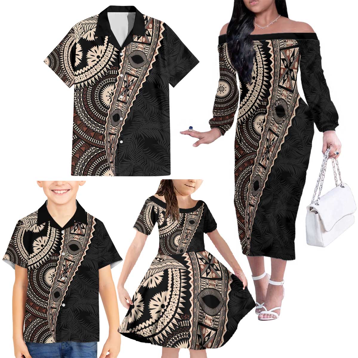 Fiji Traditional Masi Family Matching Off The Shoulder Long Sleeve Dress and Hawaiian Shirt Tapa Art Palm Leaves Pattern LT03 - Polynesian Pride