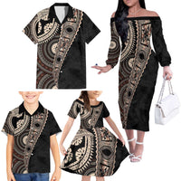 Fiji Traditional Masi Family Matching Off The Shoulder Long Sleeve Dress and Hawaiian Shirt Tapa Art Palm Leaves Pattern LT03 - Polynesian Pride