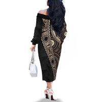 Fiji Traditional Masi Family Matching Off The Shoulder Long Sleeve Dress and Hawaiian Shirt Tapa Art Palm Leaves Pattern LT03 - Polynesian Pride