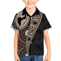 Fiji Traditional Masi Family Matching Off The Shoulder Long Sleeve Dress and Hawaiian Shirt Tapa Art Palm Leaves Pattern LT03 Son's Shirt Brown - Polynesian Pride