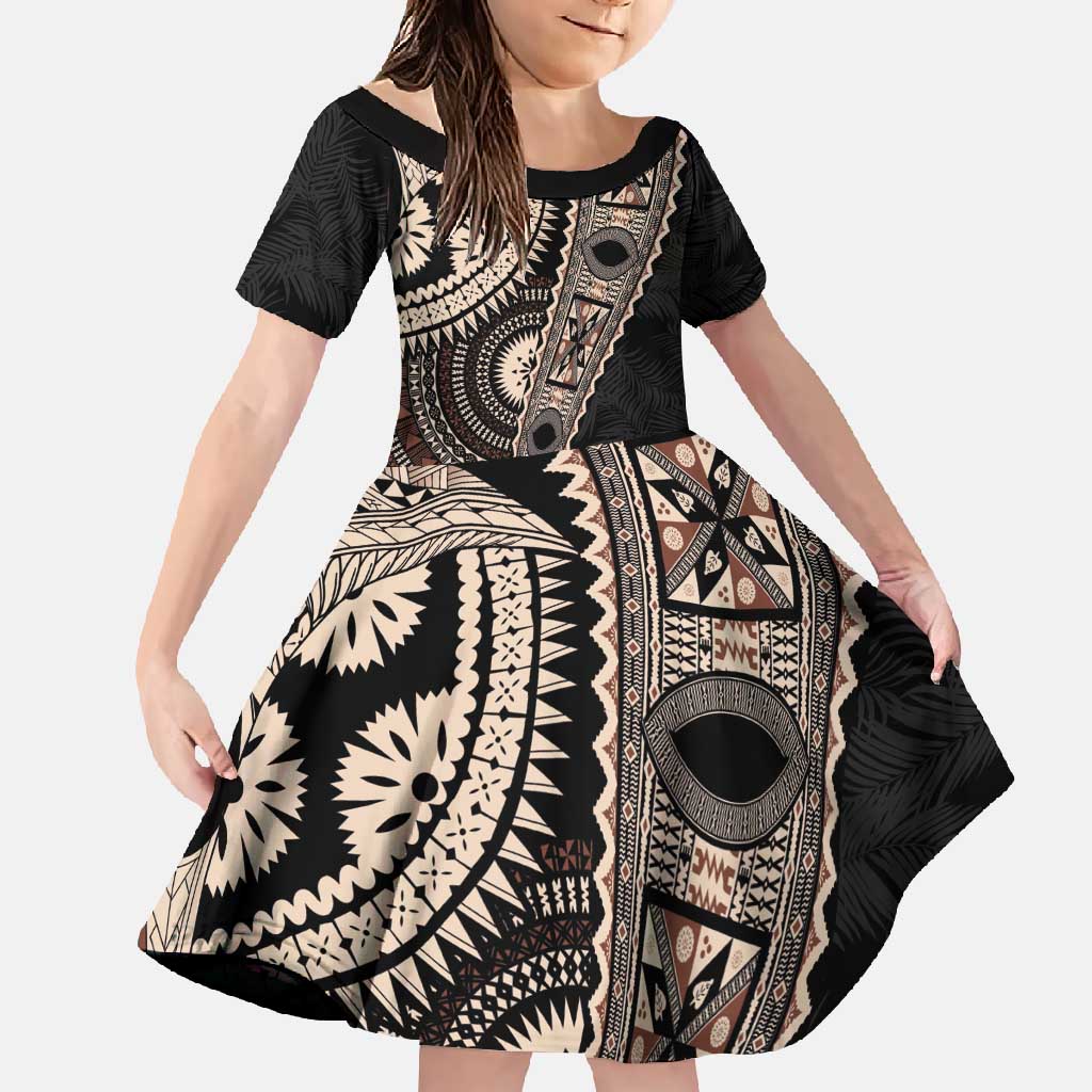 Fiji Traditional Masi Family Matching Off Shoulder Maxi Dress and Hawaiian Shirt Tapa Art Palm Leaves Pattern LT03 Daughter's Dress Brown - Polynesian Pride