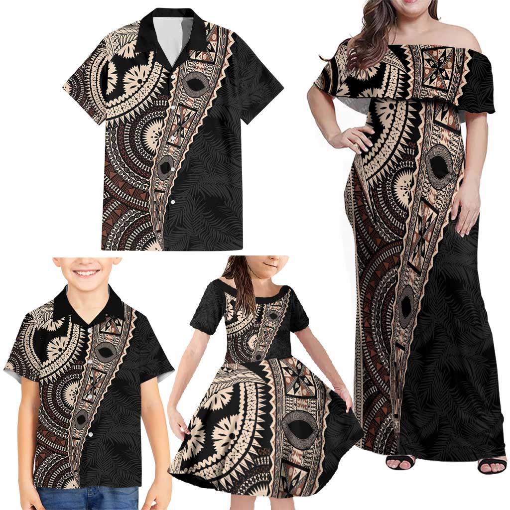 Fiji Traditional Masi Family Matching Off Shoulder Maxi Dress and Hawaiian Shirt Tapa Art Palm Leaves Pattern LT03 - Polynesian Pride