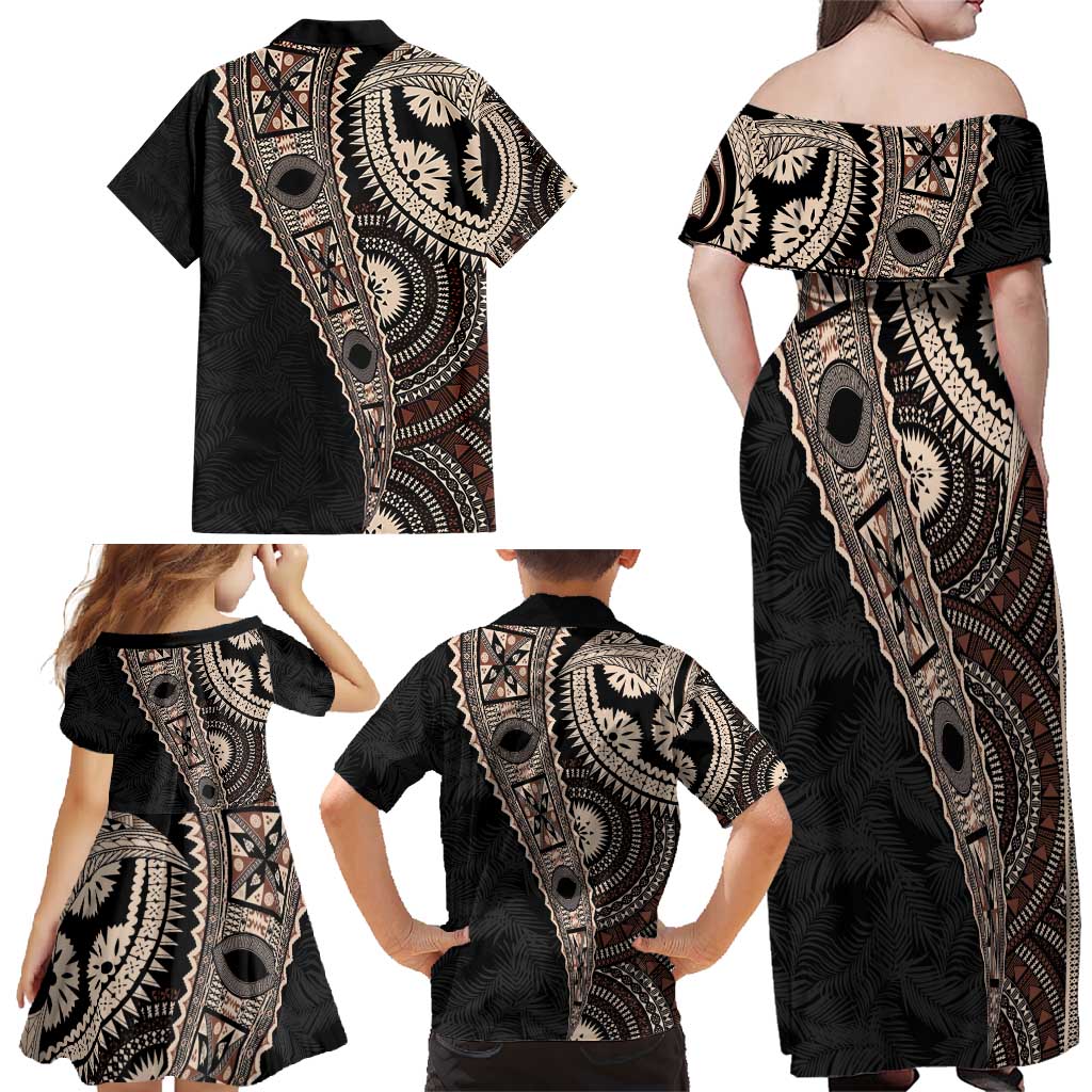 Fiji Traditional Masi Family Matching Off Shoulder Maxi Dress and Hawaiian Shirt Tapa Art Palm Leaves Pattern LT03 - Polynesian Pride