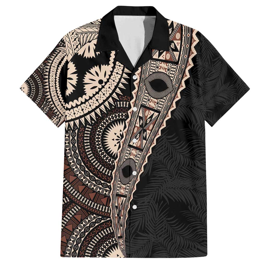 Fiji Traditional Masi Family Matching Off Shoulder Maxi Dress and Hawaiian Shirt Tapa Art Palm Leaves Pattern LT03 Dad's Shirt - Short Sleeve Brown - Polynesian Pride