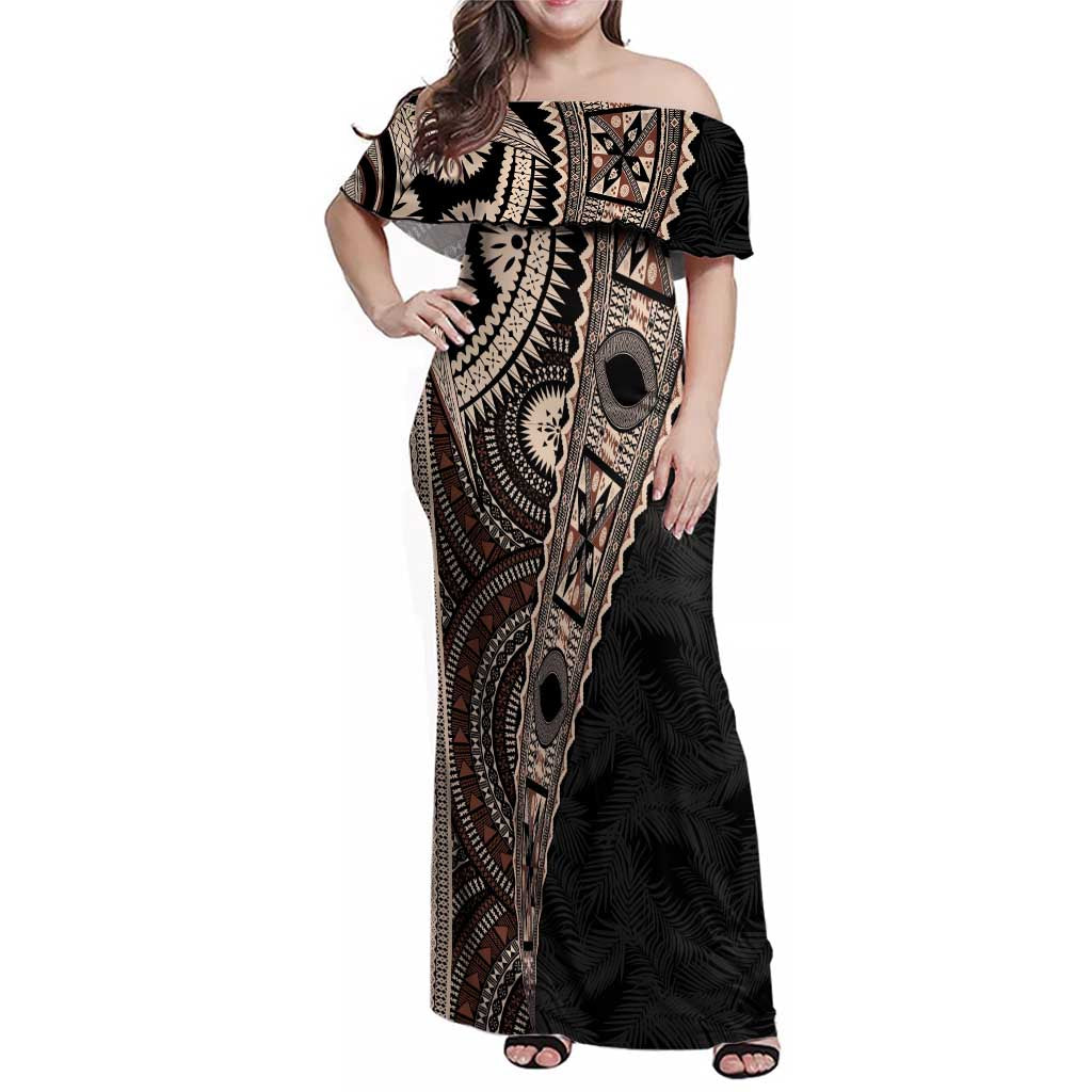 Fiji Traditional Masi Family Matching Off Shoulder Maxi Dress and Hawaiian Shirt Tapa Art Palm Leaves Pattern LT03 Mom's Dress Brown - Polynesian Pride