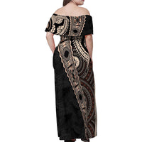 Fiji Traditional Masi Family Matching Off Shoulder Maxi Dress and Hawaiian Shirt Tapa Art Palm Leaves Pattern LT03 - Polynesian Pride