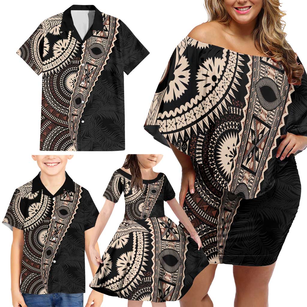 Fiji Traditional Masi Family Matching Off Shoulder Short Dress and Hawaiian Shirt Tapa Art Palm Leaves Pattern LT03 - Polynesian Pride
