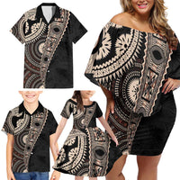 Fiji Traditional Masi Family Matching Off Shoulder Short Dress and Hawaiian Shirt Tapa Art Palm Leaves Pattern LT03 - Polynesian Pride