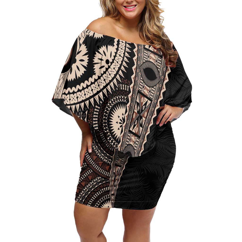 Fiji Traditional Masi Family Matching Off Shoulder Short Dress and Hawaiian Shirt Tapa Art Palm Leaves Pattern LT03 Mom's Dress Brown - Polynesian Pride