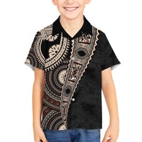 Fiji Traditional Masi Family Matching Off Shoulder Short Dress and Hawaiian Shirt Tapa Art Palm Leaves Pattern LT03 Son's Shirt Brown - Polynesian Pride