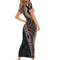 Fiji Traditional Masi Family Matching Short Sleeve Bodycon Dress and Hawaiian Shirt Tapa Art Palm Leaves Pattern LT03 - Polynesian Pride