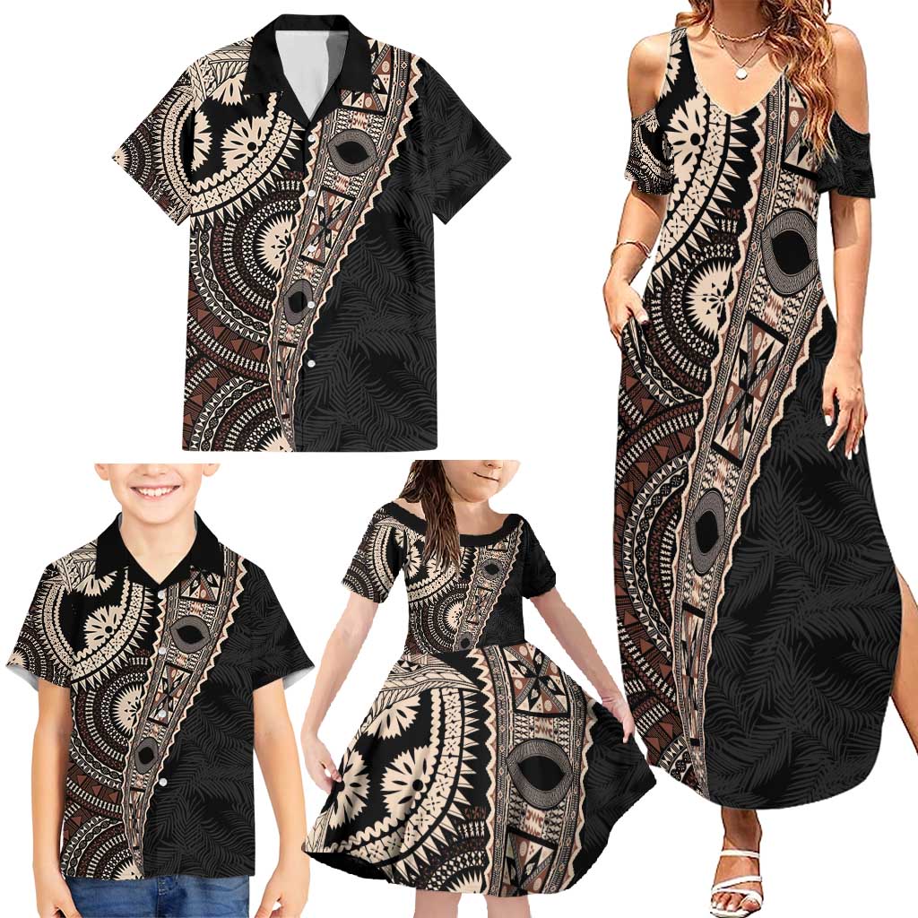 Fiji Traditional Masi Family Matching Summer Maxi Dress and Hawaiian Shirt Tapa Art Palm Leaves Pattern LT03 - Polynesian Pride