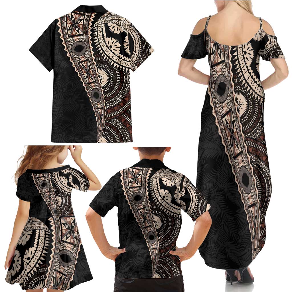 Fiji Traditional Masi Family Matching Summer Maxi Dress and Hawaiian Shirt Tapa Art Palm Leaves Pattern LT03 - Polynesian Pride