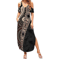 Fiji Traditional Masi Family Matching Summer Maxi Dress and Hawaiian Shirt Tapa Art Palm Leaves Pattern LT03 Mom's Dress Brown - Polynesian Pride
