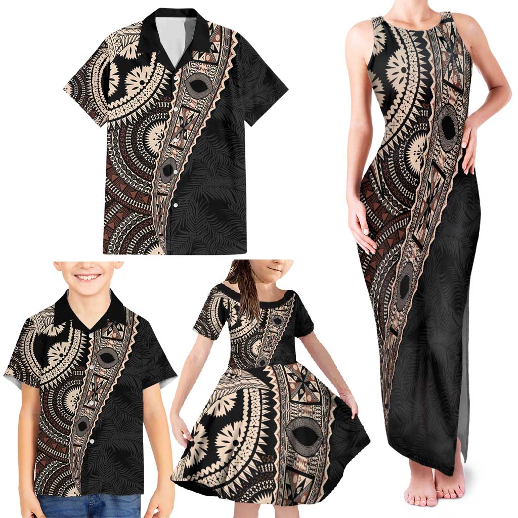 Fiji Traditional Masi Family Matching Tank Maxi Dress and Hawaiian Shirt Tapa Art Palm Leaves Pattern LT03 - Polynesian Pride