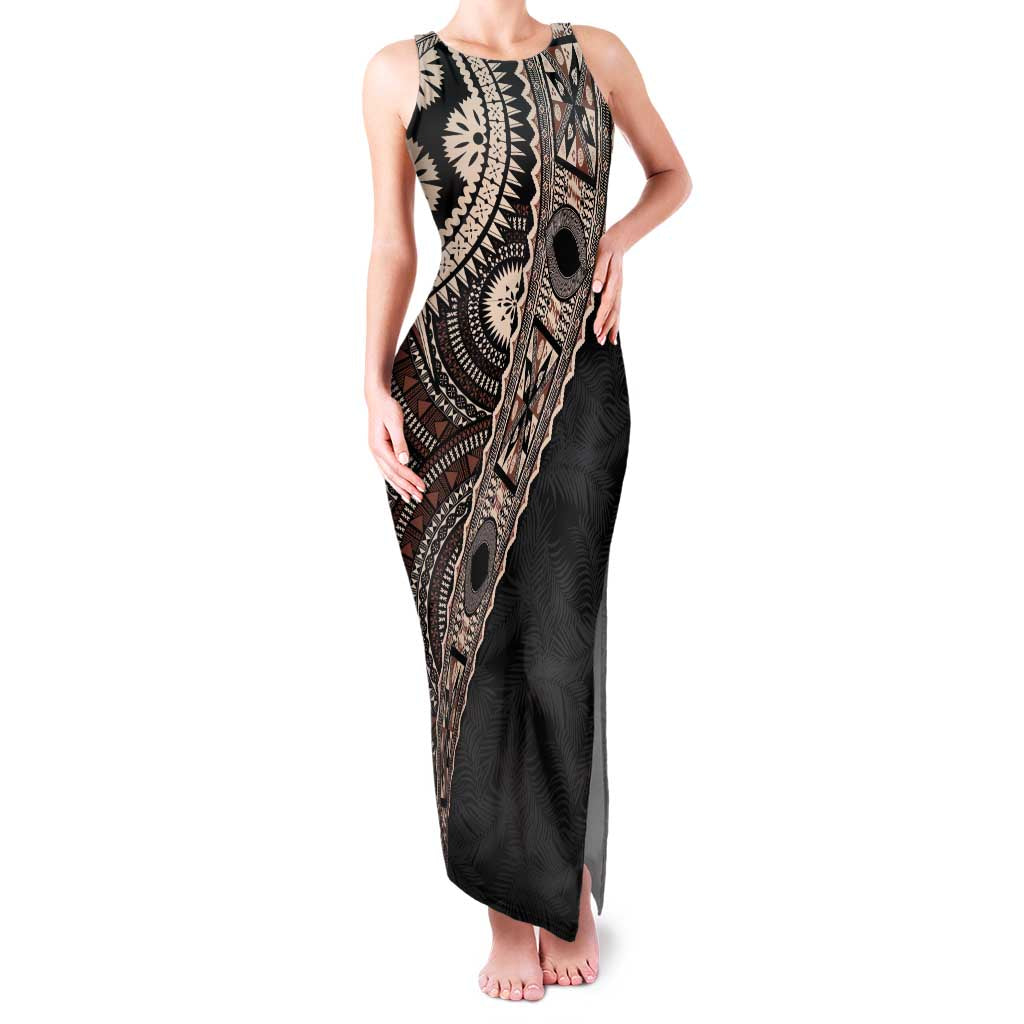 Fiji Traditional Masi Family Matching Tank Maxi Dress and Hawaiian Shirt Tapa Art Palm Leaves Pattern LT03 Mom's Dress Brown - Polynesian Pride