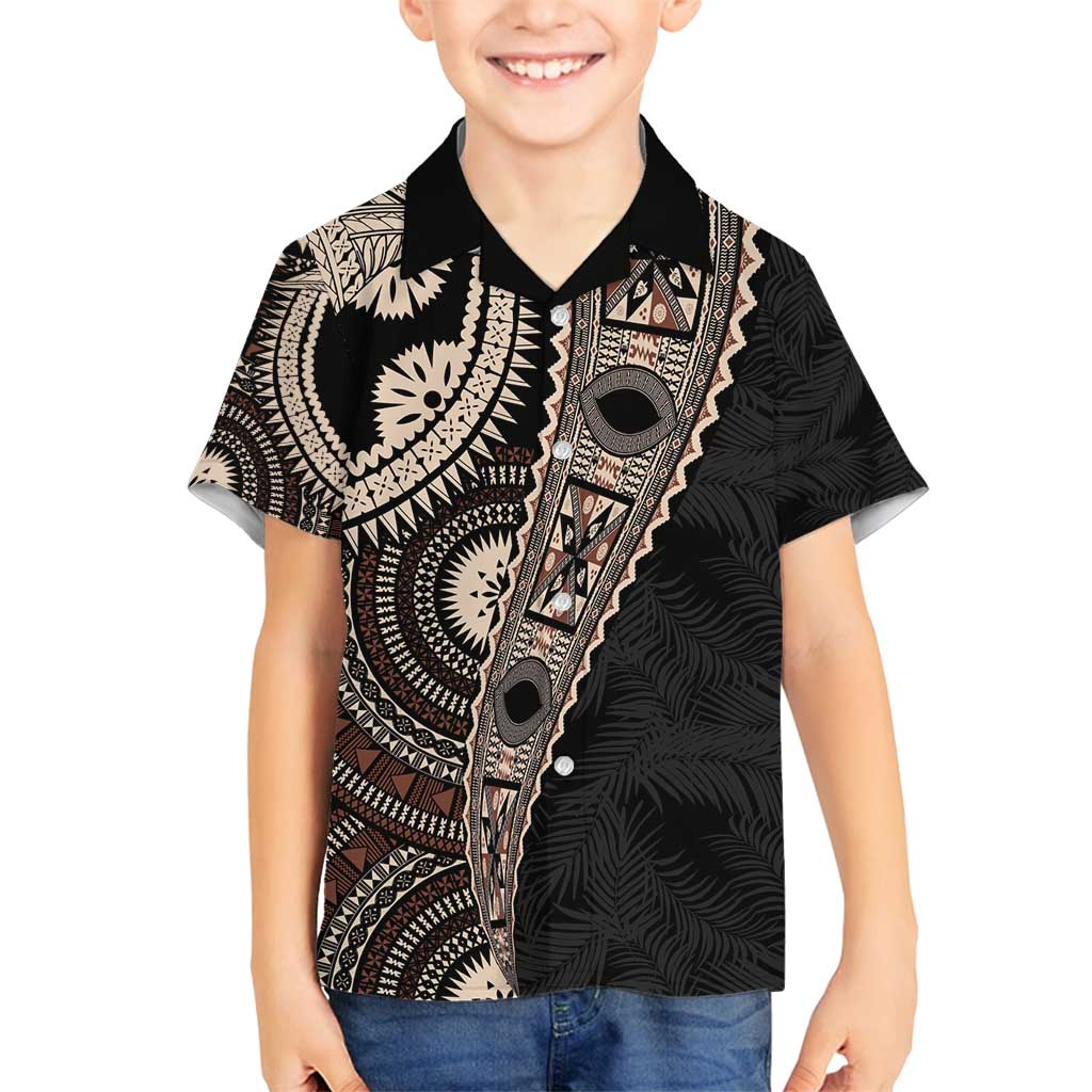 Fiji Traditional Masi Family Matching Tank Maxi Dress and Hawaiian Shirt Tapa Art Palm Leaves Pattern LT03 Son's Shirt Brown - Polynesian Pride