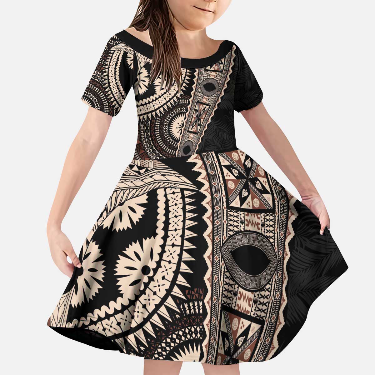 Fiji Traditional Masi Kid Short Sleeve Dress Tapa Art Palm Leaves Pattern