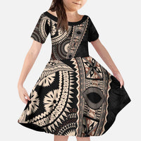 Fiji Traditional Masi Kid Short Sleeve Dress Tapa Art Palm Leaves Pattern