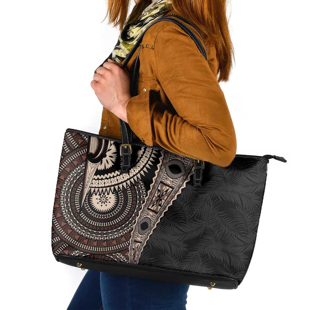 Fiji Traditional Masi Leather Tote Bag Tapa Art Palm Leaves Pattern LT03 Brown - Polynesian Pride