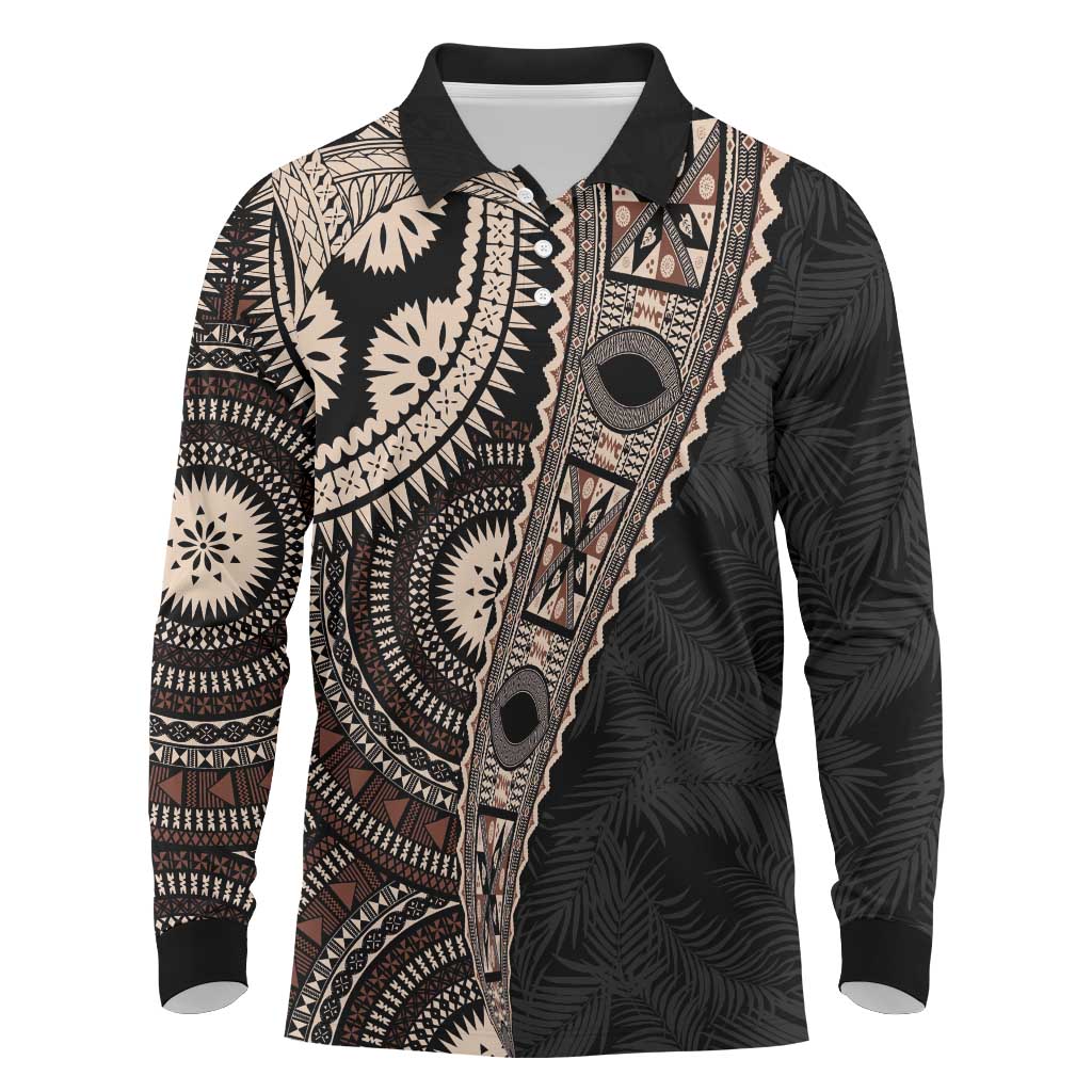 Fiji Traditional Masi Long Sleeve Polo Shirt Tapa Art Palm Leaves Pattern LT03 Brown - Polynesian Pride