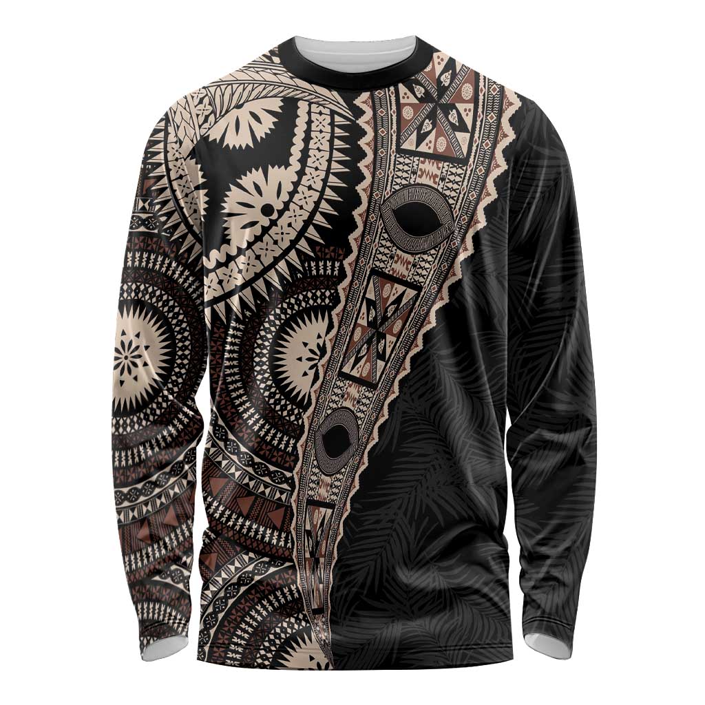 Fiji Traditional Masi Long Sleeve Shirt Tapa Art Palm Leaves Pattern LT03 Unisex Brown - Polynesian Pride