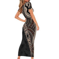 Fiji Traditional Masi Short Sleeve Bodycon Dress Tapa Art Palm Leaves Pattern
