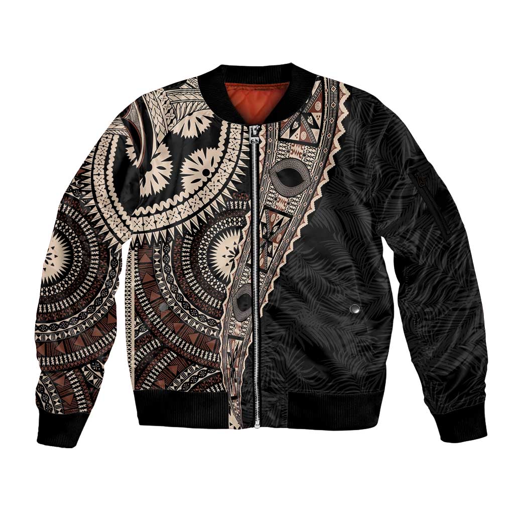 Fiji Traditional Masi Sleeve Zip Bomber Jacket Tapa Art Palm Leaves Pattern LT03 Unisex Brown - Polynesian Pride