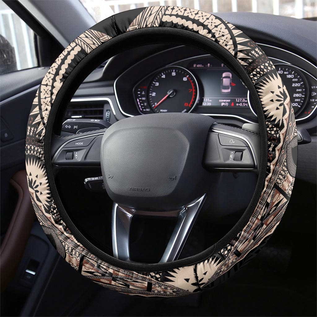 Fiji Traditional Masi Steering Wheel Cover Tapa Art Palm Leaves Pattern