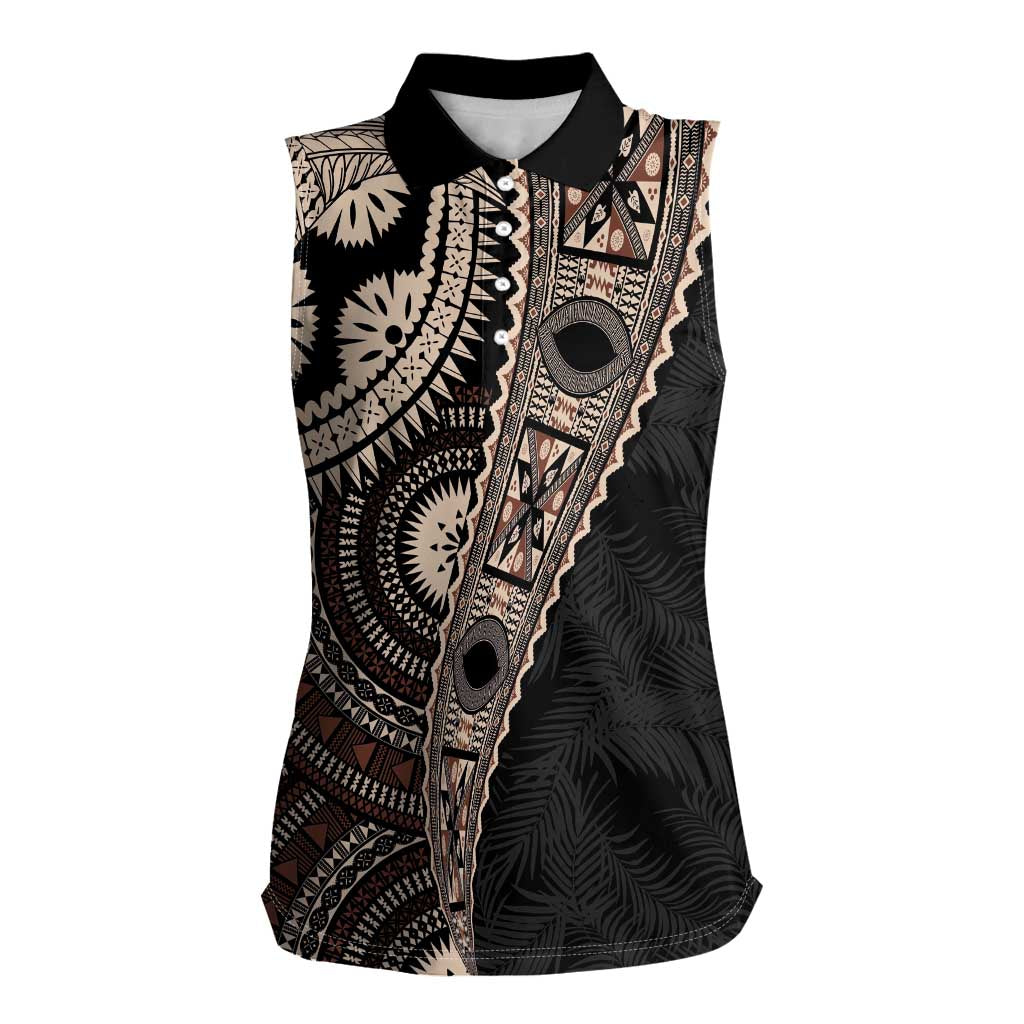 Fiji Traditional Masi Women Sleeveless Polo Shirt Tapa Art Palm Leaves Pattern LT03 Female Brown - Polynesian Pride