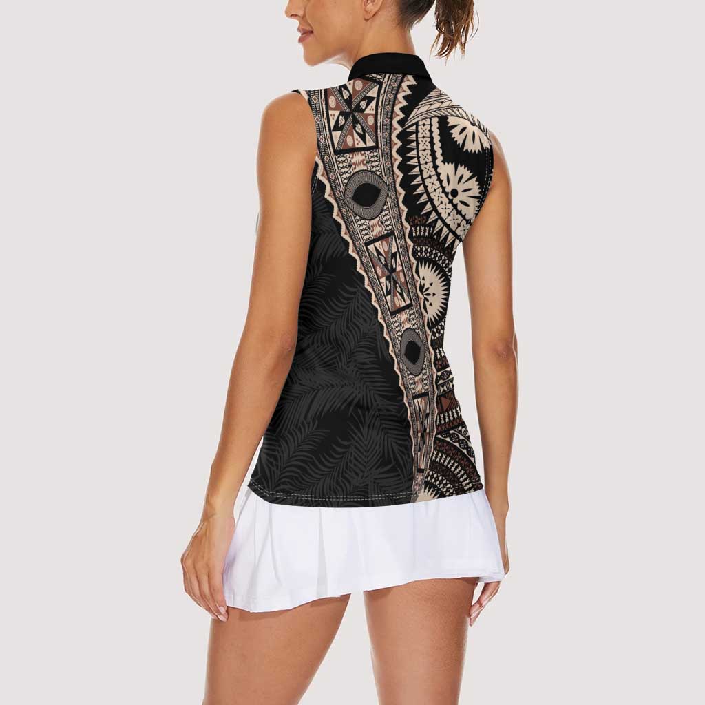 Fiji Traditional Masi Women Sleeveless Polo Shirt Tapa Art Palm Leaves Pattern
