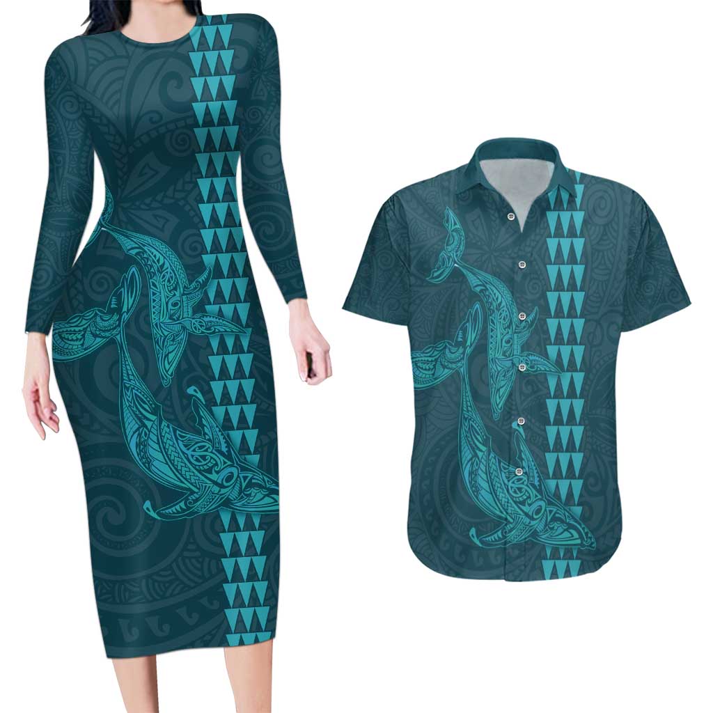 Aloha Hawaii Whale Kakau and Polynesian Tattoo Couples Matching Long Sleeve Bodycon Dress and Hawaiian Shirt Turquoise Color LT03 Turquoise - Polynesian Pride
