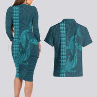 Aloha Hawaii Whale Kakau and Polynesian Tattoo Couples Matching Long Sleeve Bodycon Dress and Hawaiian Shirt Turquoise Color LT03 - Polynesian Pride