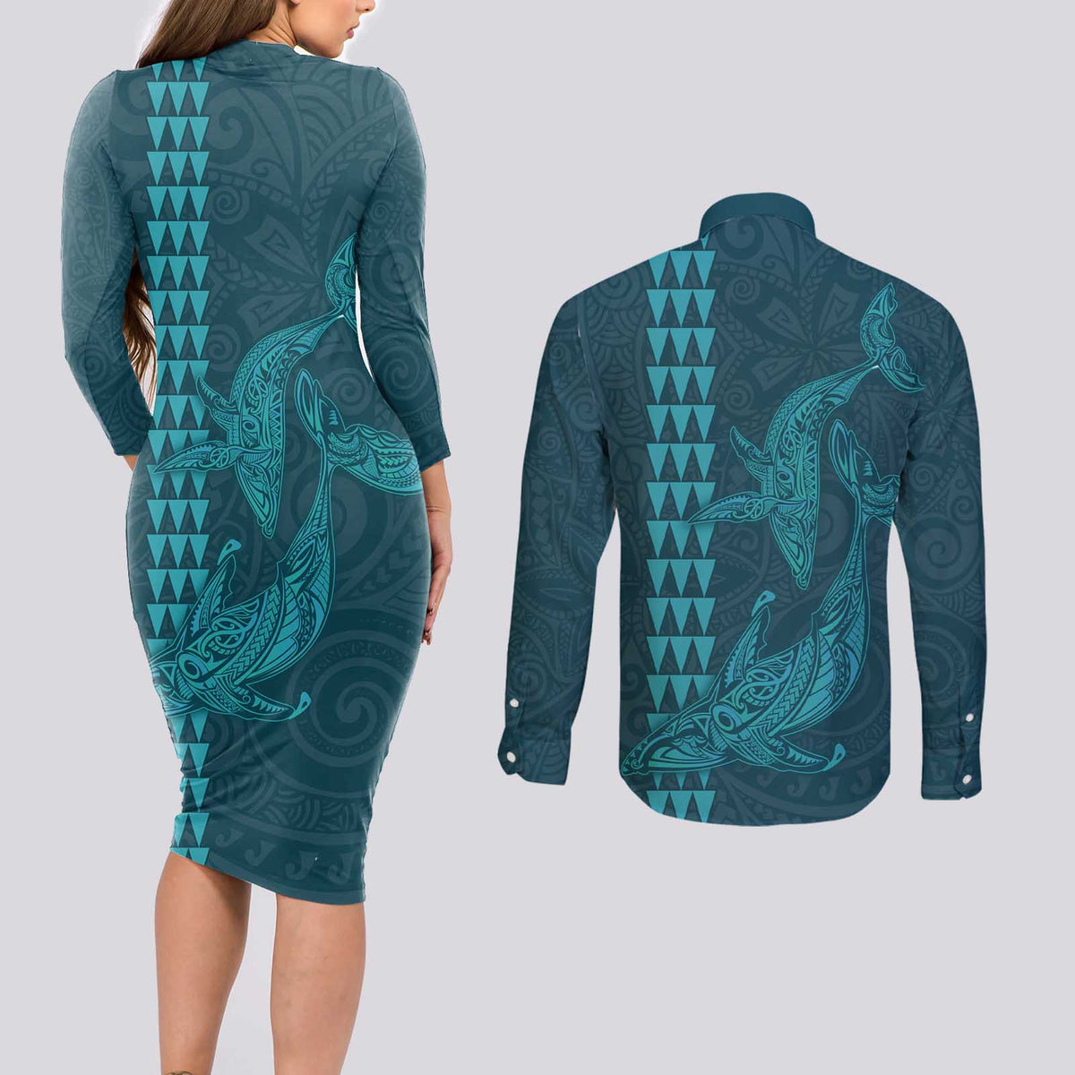 Aloha Hawaii Whale Kakau and Polynesian Tattoo Couples Matching Long Sleeve Bodycon Dress and Long Sleeve Button Shirt Turquoise Color