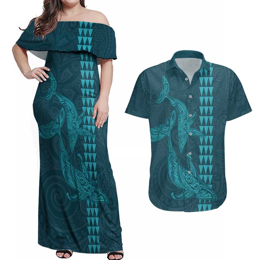 Aloha Hawaii Whale Kakau and Polynesian Tattoo Couples Matching Off Shoulder Maxi Dress and Hawaiian Shirt Turquoise Color LT03 Turquoise - Polynesian Pride